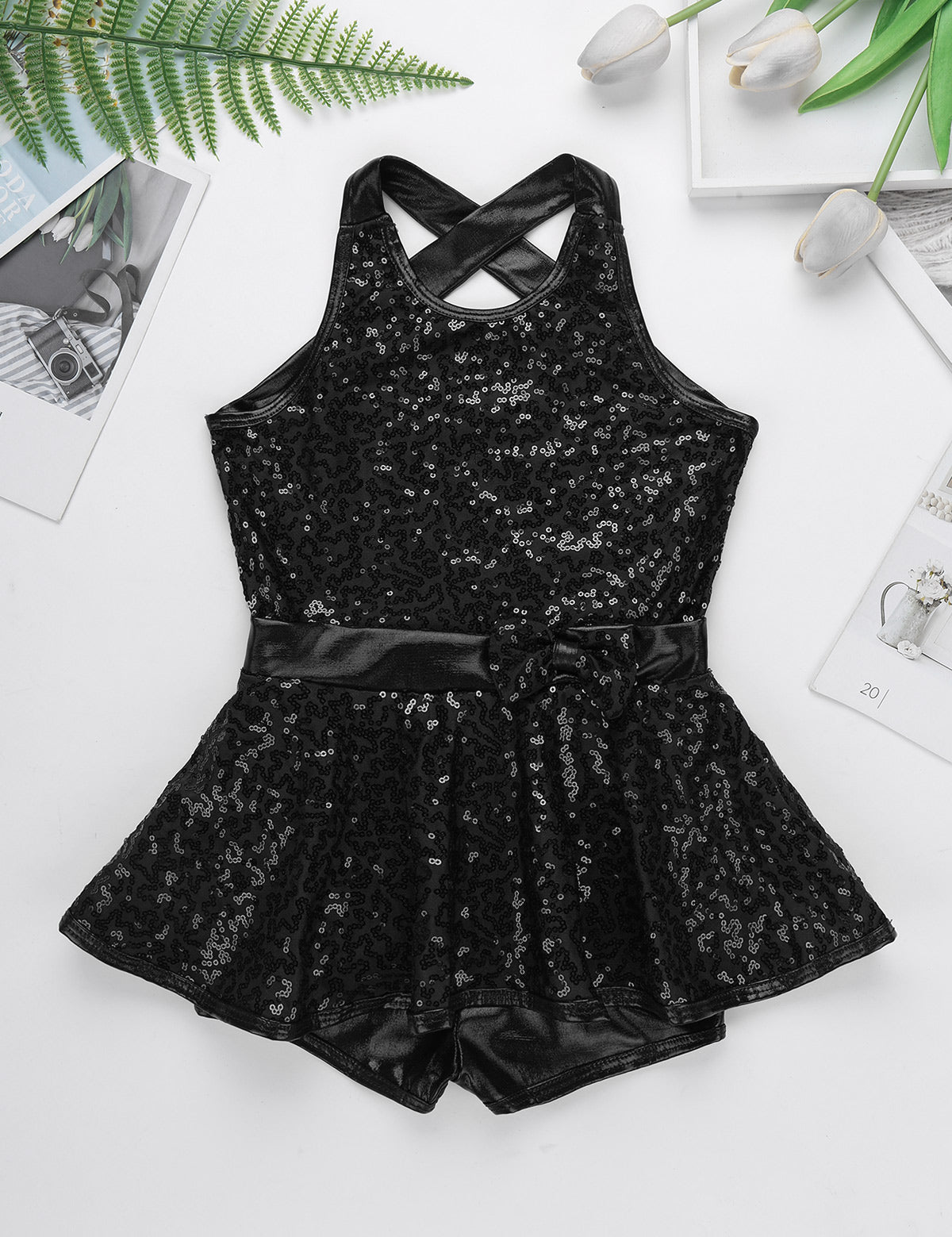 Kids Girls Shorty Unitard Sleeveless Sequin Rompers Leotard Bodysuit Performance Children Jazz Modern Dance Party Tap Costumes
