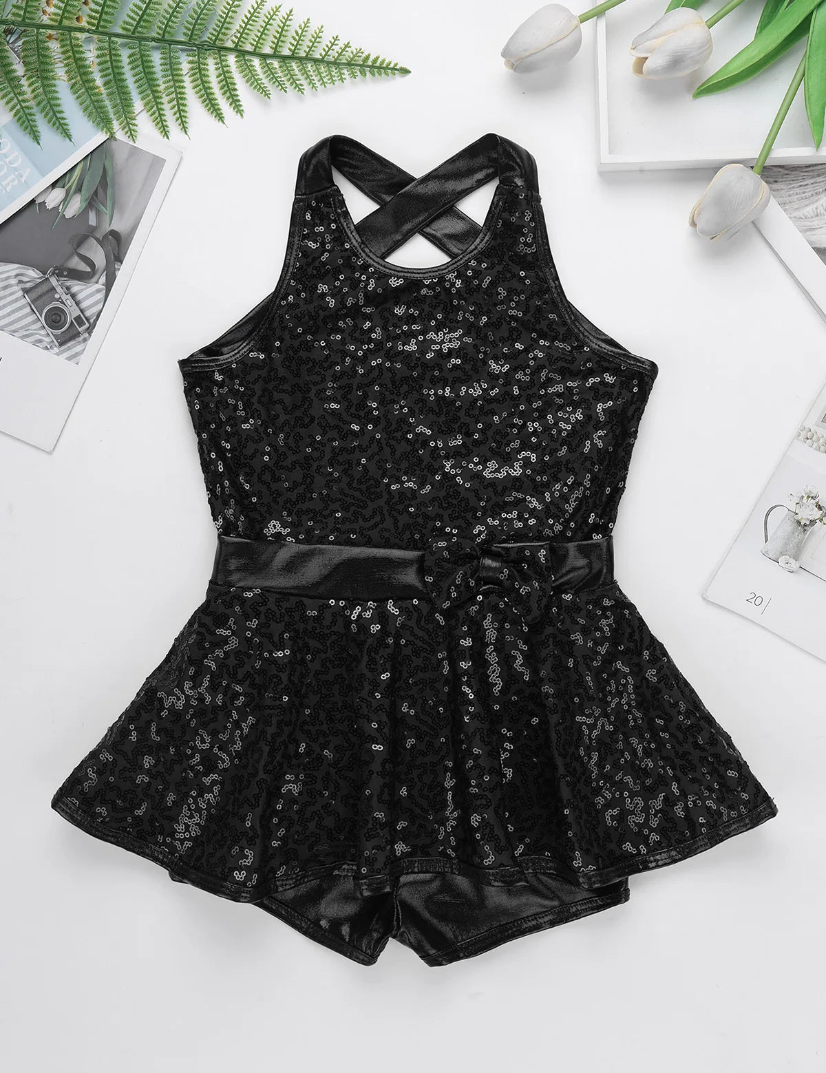 Kids Girls Shorty Unitard Sleeveless Sequin Rompers Leotard Bodysuit Performance Children Jazz Modern Dance Party Tap Costumes
