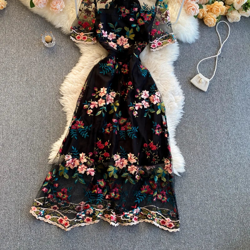 Guilantu Mesh Embroidery Floral Office Dress Women Summer Short Sleeve Tulle Vintgae Dress Elegant Sexy Club Party Dresses