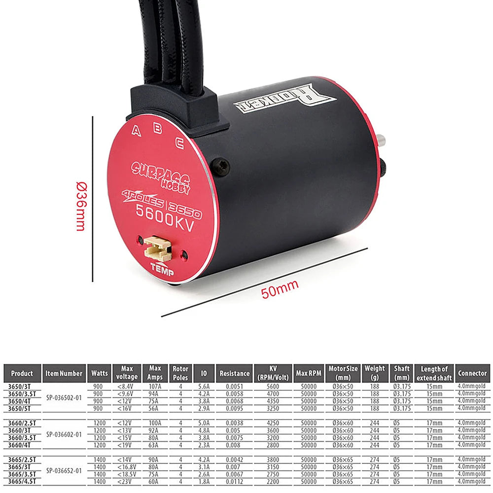 RC Motor Rocket 3650 Brushless Motor 5600KV 4700KV 4350KV 3250KV w/Temp Sensor for 1/8 1/10 RC Car