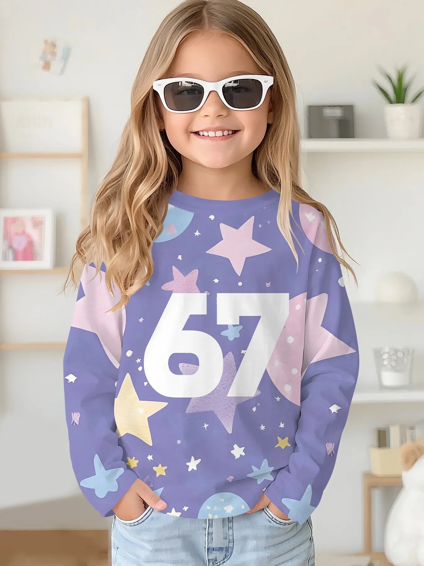 2025 Spring and Autumn Girls Korean Edition Loose Round Neck Long Sleeve T-shirt Top