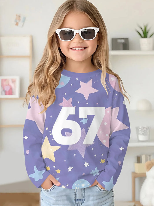 2025 Spring and Autumn Girls Korean Edition Loose Round Neck Long Sleeve T-shirt Top