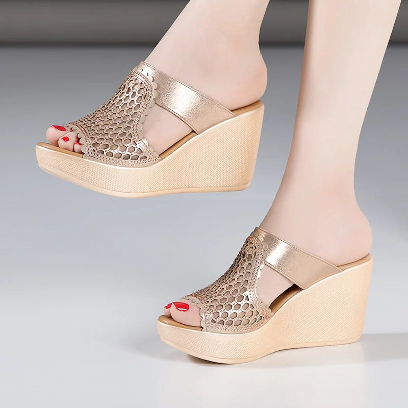 YAERNI High Heel Sandals For Women Summer Peep Toe Lace Mesh Wedge Heels Sandal Women Shoes