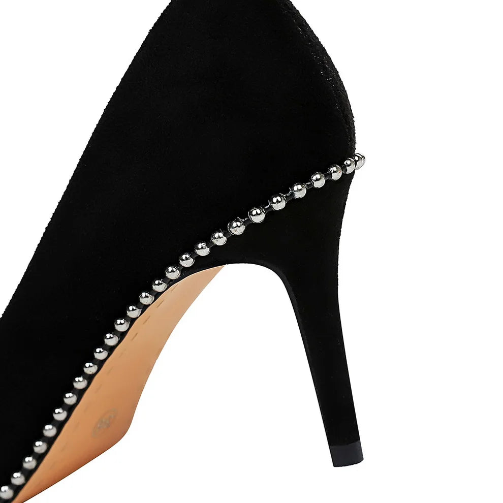 BIGTREE Shoes Black Heels Metal Beads Woman Pumps Suede High Heels Stiletto Wedding Shoes Women Heels Female Plus Size 41 42 43