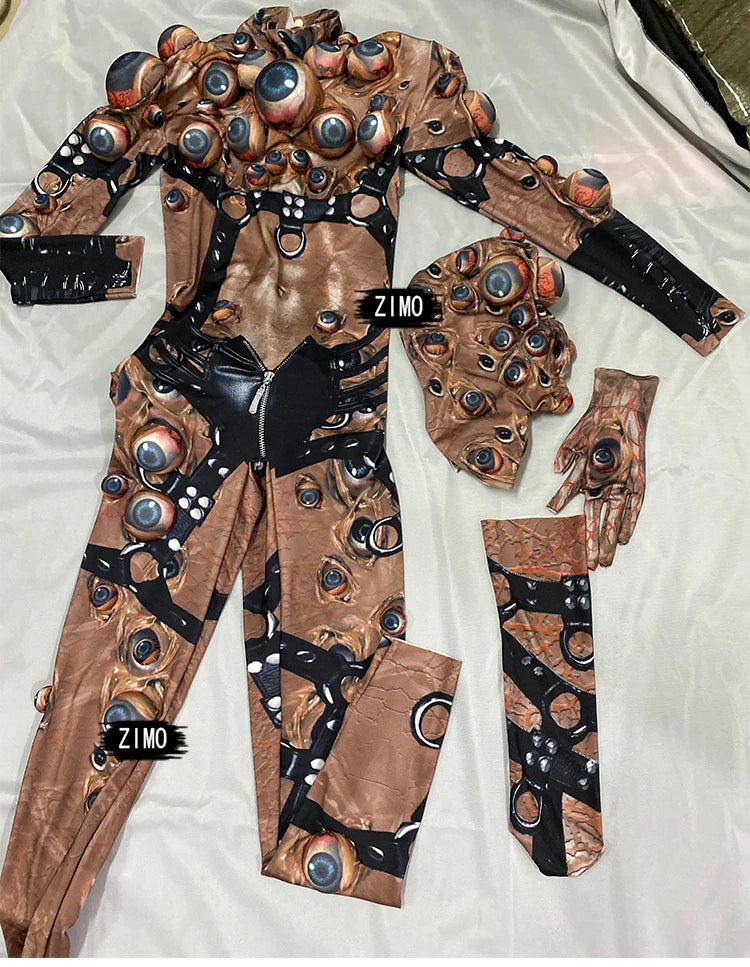 Halloween Men Women Horror Costume 3D Eye Novelty Jumpsuit Coat Stretch Rompers Nightclub Party Scary Stage Drag Queen Costumes