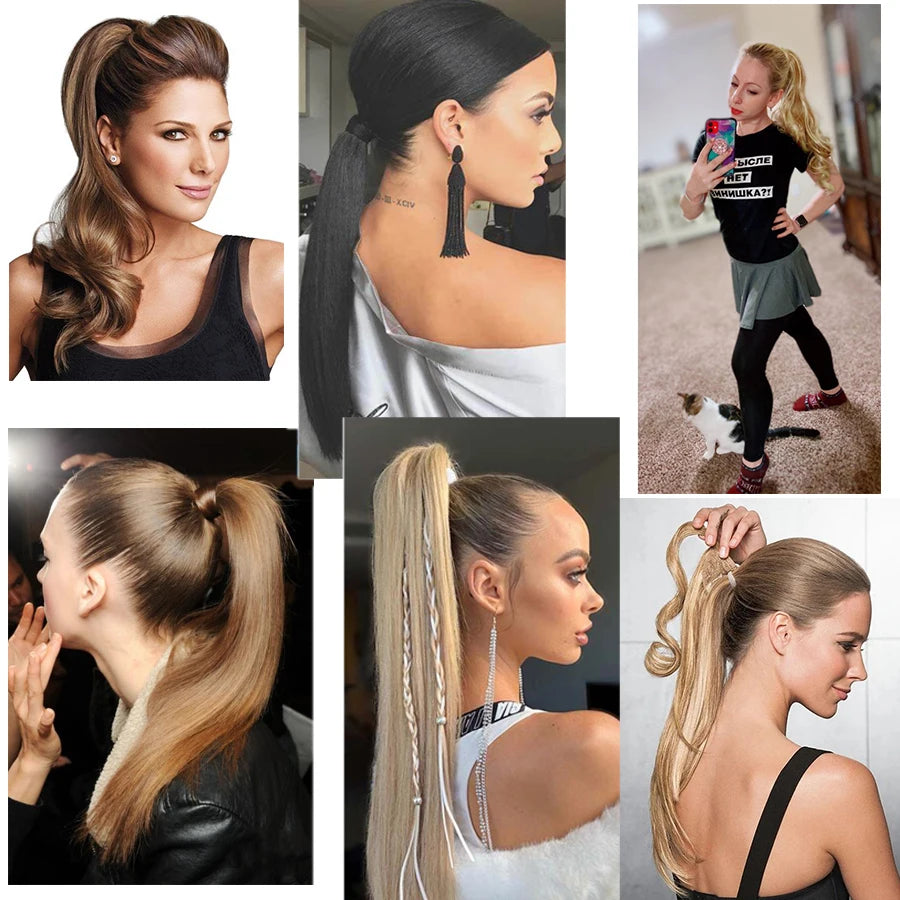 Synthetic Ponytail Long Straight Wrap Around Ponytail Hair Extension Heat-Reistant Fiber Pony Tail Fake Hairpieces For Women