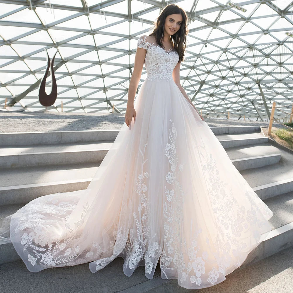 Bride Gown For Woman Illusion A-Line Bow Sashes Bridal Gowns O-Neck Satin Appliques Half Sleeves Wedding Dresses Robe De Mariée
