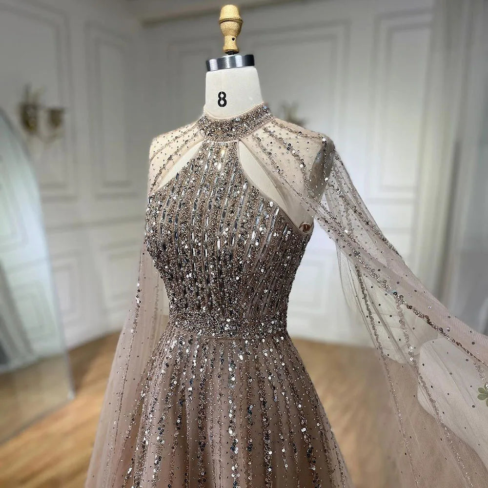 Caramel Arabic a Line Cape Sleeve Beaded Dubai Evening Dresses Serene Hill LA72306A Party Gowns 2024 for Women