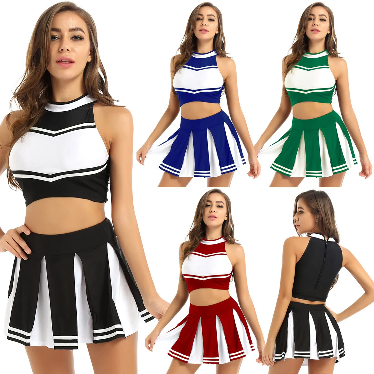 Women's Cheerleader Cosplay Costume Uniform Outfit Stand Collar Crop Top with Mini Pleated Skirts Carnival Cheerleading Suit