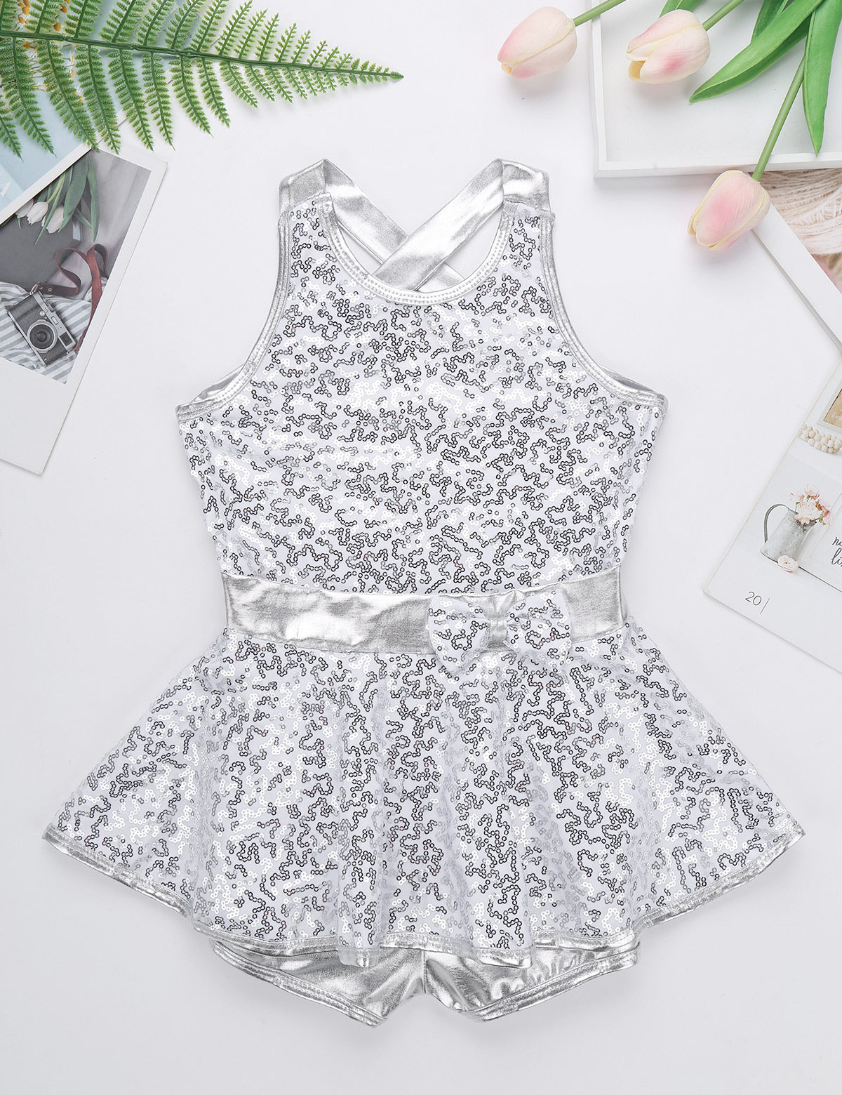 Kids Girls Shorty Unitard Sleeveless Sequin Rompers Leotard Bodysuit Performance Children Jazz Modern Dance Party Tap Costumes