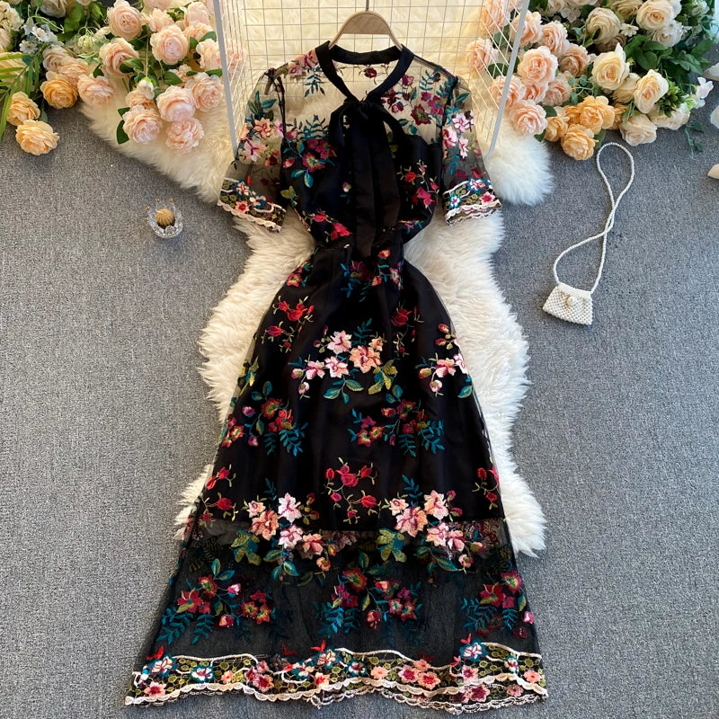 Guilantu Mesh Embroidery Floral Office Dress Women Summer Short Sleeve Tulle Vintgae Dress Elegant Sexy Club Party Dresses