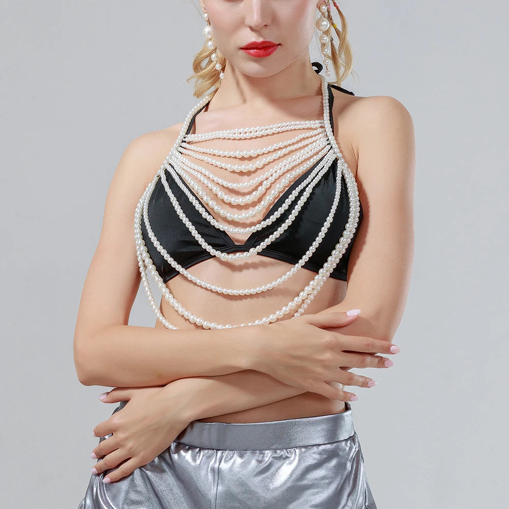 Sexy Pearl Body Chain For Women Necklaces Shawl Female Punk Style Beaded Collar Shoulder Sweater  Long Chain Bridal Body Jewelry