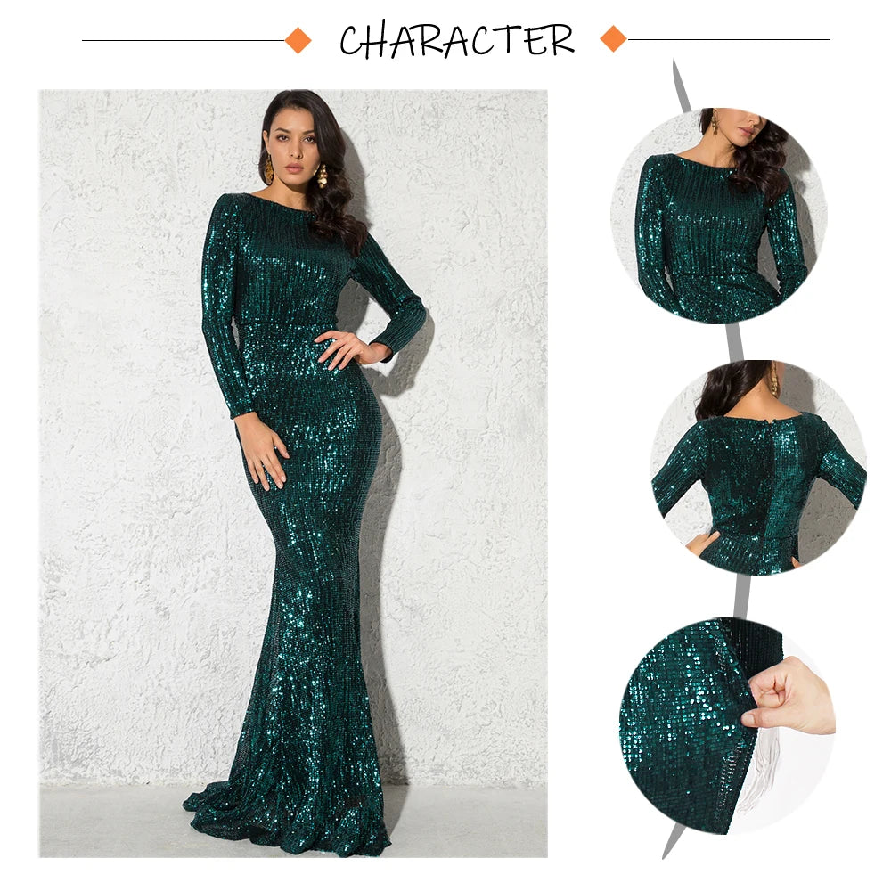 Modest Green Long Sleeve Mermaid Sequin Evening Gown Formal Dress Gold O Neck Stretch Women Wedding Party Maxi Cocktail Dresses