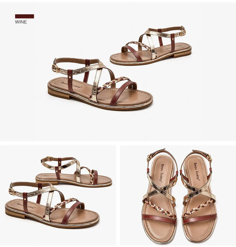 BeauToday Gladiator Sandals Women Genuine Cow Leather Twist Band Designer Flats Slingback Summer Female Flat Heel Shoes 32303