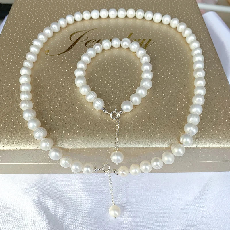 Real White Pearl Jewelry Sets Natural Freshwater Pearl Bracelet Necklaces For Women Fashion wedding anniversary Gift