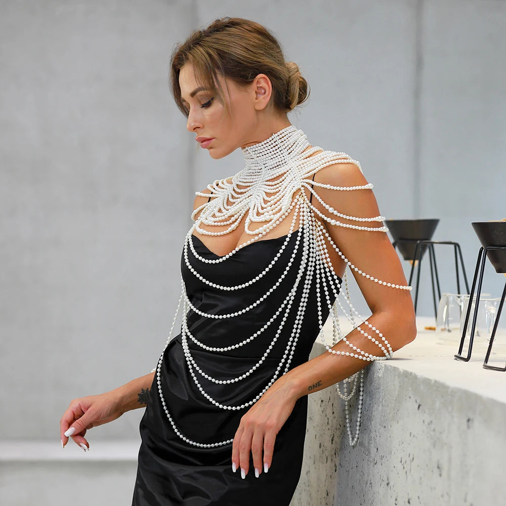 Sexy Pearl Body Chain For Women Necklaces Shawl Female Punk Style Beaded Collar Shoulder Sweater  Long Chain Bridal Body Jewelry