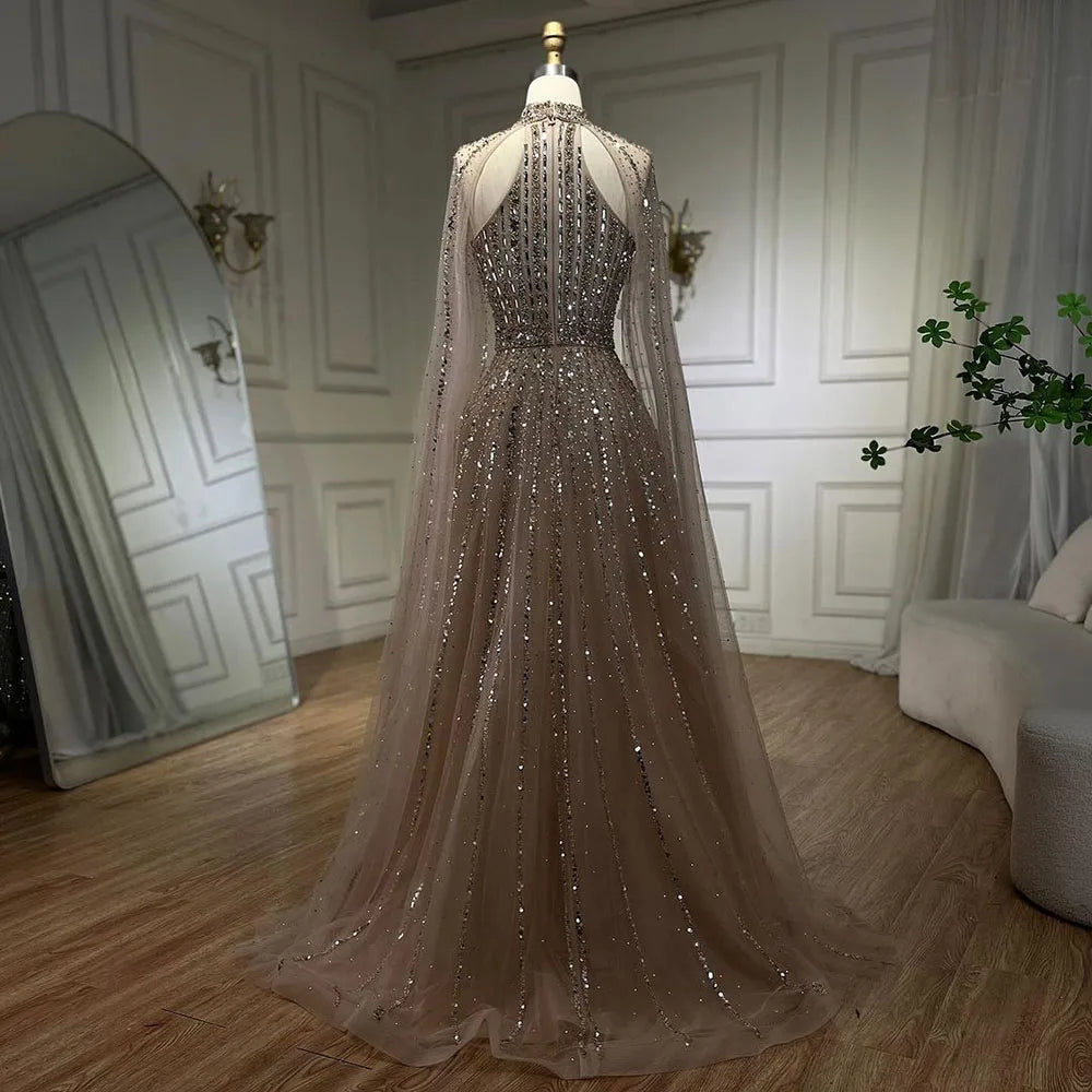Caramel Arabic a Line Cape Sleeve Beaded Dubai Evening Dresses Serene Hill LA72306A Party Gowns 2024 for Women