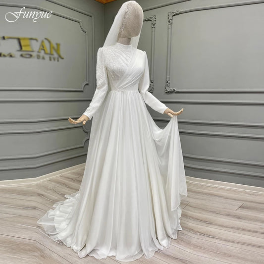 Customized Full Sleeve Muslim Wedding Dress 2025 New High Neck A-Line Chiffon Beading Bridal Gown for Bride To Be Robe De Mariée