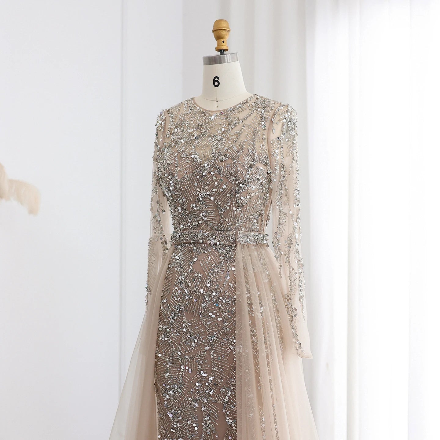 Sharon Said SS183 Luxury Champagne Mermaid Muslim Evening Dress with Tulle Overskirt Women Wedding Formal Party Gown Prom Dress