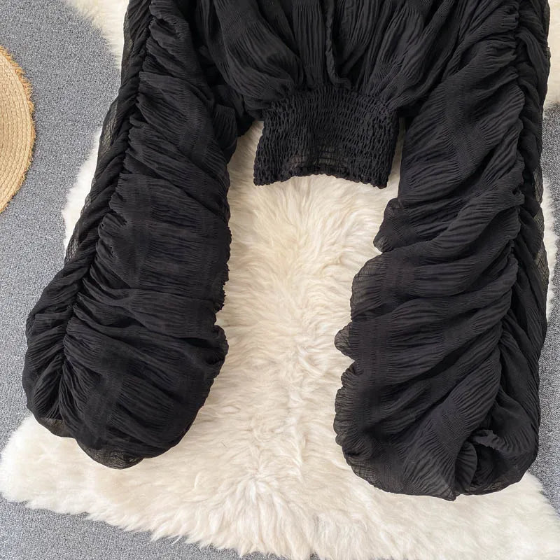Summer Sexy Draped Chiffon Blouse For Women Elegant V-Neck Puff Long Sleeve Short Tops Female Slim Party Shirts 2022 New Fashion
