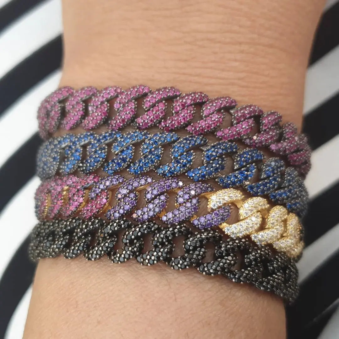 Women Hip Hop Colorful Cz Cuban Chain Bracelet 10mm Width Blue Red Green Cubic Zirconia Cuban Chain Bracelet Bangle For Women