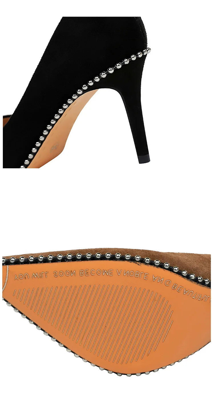 BIGTREE Shoes Black Heels Metal Beads Woman Pumps Suede High Heels Stiletto Wedding Shoes Women Heels Female Plus Size 41 42 43