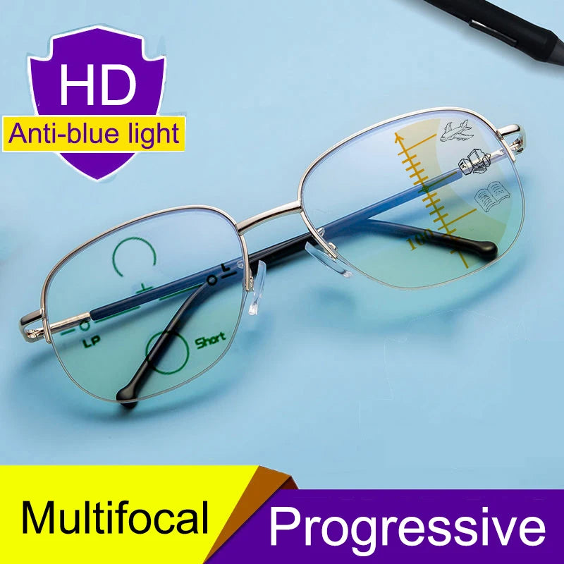 Smart zoom Multifocal Reading Glasses Men Women Progressive Anti Blue Ray UV Protect Hyperopia Glasses Half Frame Metal Titanium