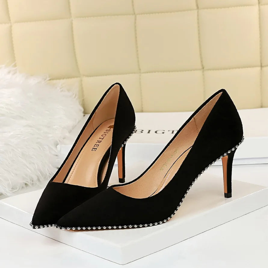 BIGTREE Shoes Black Heels Metal Beads Woman Pumps Suede High Heels Stiletto Wedding Shoes Women Heels Female Plus Size 41 42 43