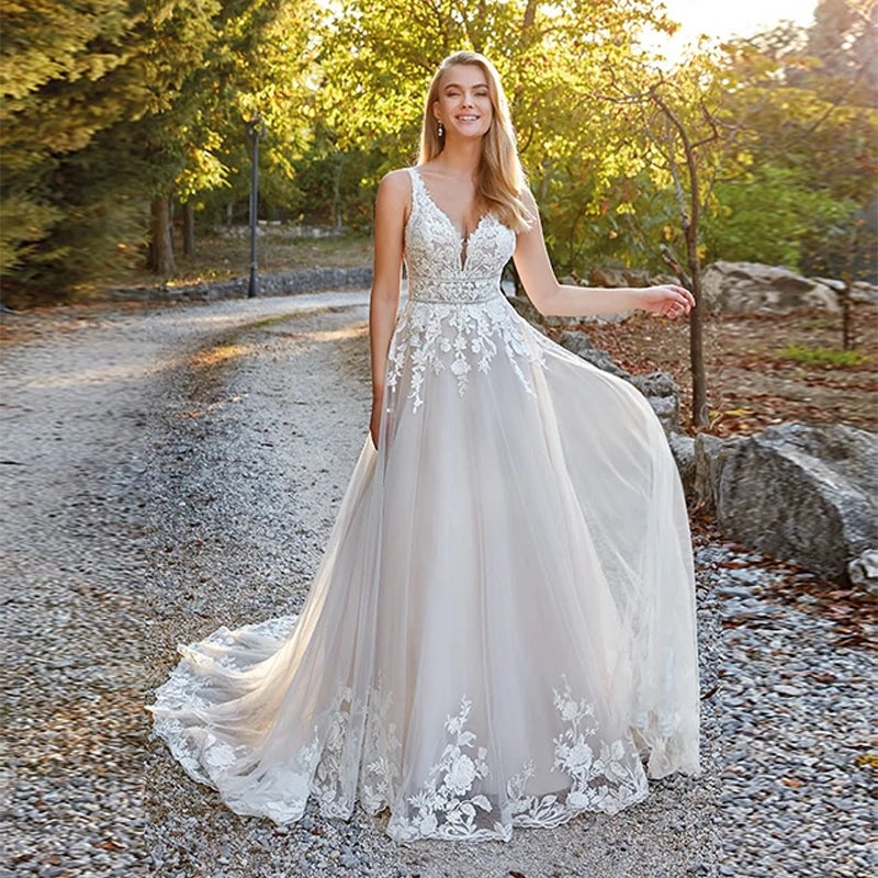Bride Gown For Woman Illusion A-Line Bow Sashes Bridal Gowns O-Neck Satin Appliques Half Sleeves Wedding Dresses Robe De Mariée