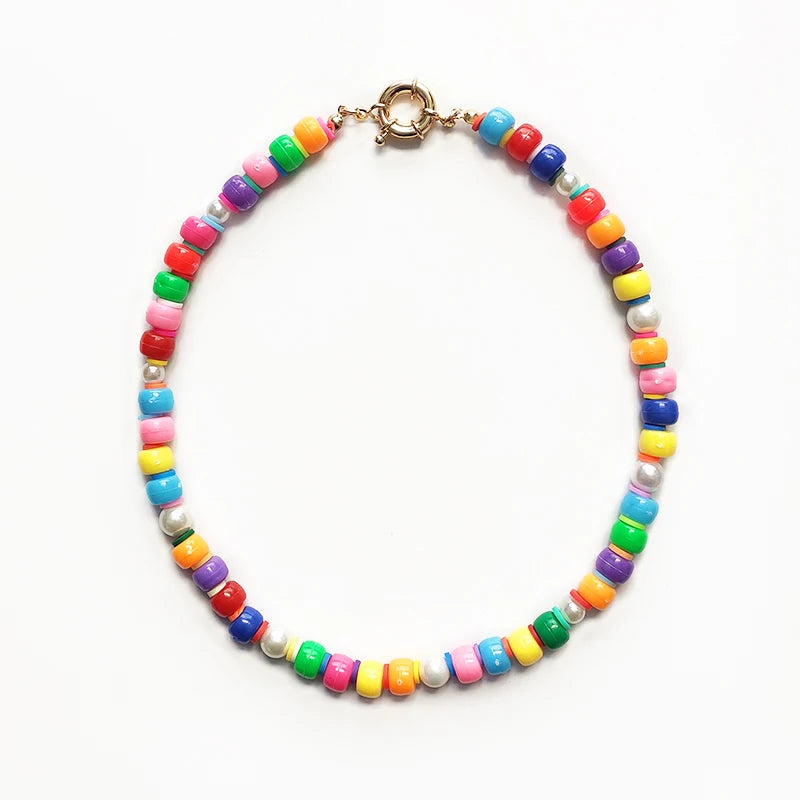 Fashion Rainbow Beads Choker Bohemian Handmade Imitation Pearls Necklace Women Charming Accessories 2022 New Trendy Jewelry