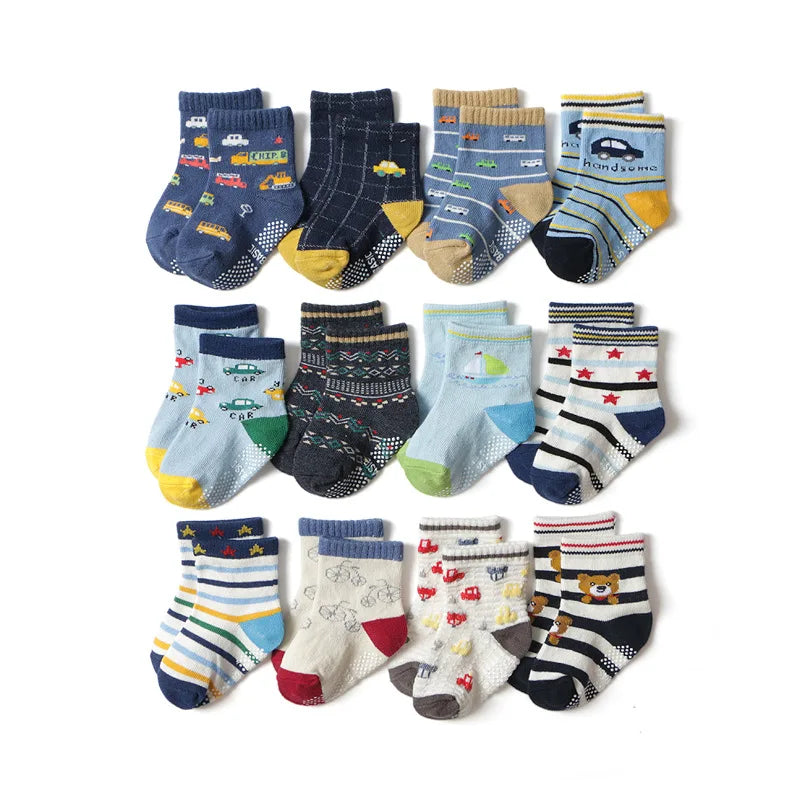 12 Pairs/Lot Cotton Baby 's Floor Socks Boys Girls Non-slip Boat Low Cut Sock with Rubber Grips 1-5Years