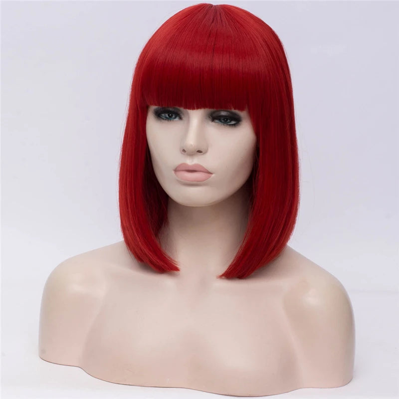 MSIWIGS Women Synthetic Straight Short Bob Wigs With Bangs Blue Golden Red Black White Purple Green Brown Cosplay Wig Female