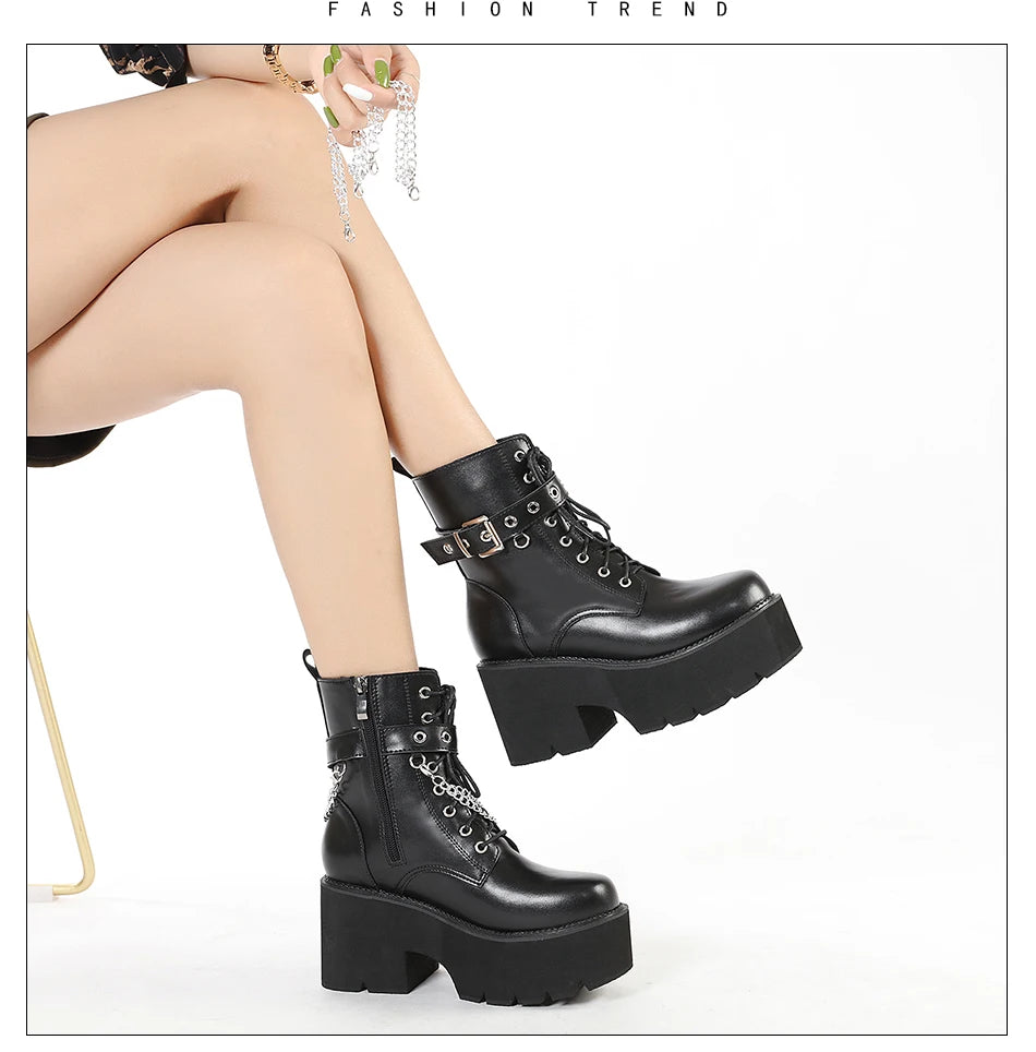 Gdgydh Modern Boots Woman Shoes Gothic Metal Decoration Black Boots Women Heels Sexy Chain Chunky Heel Platform Footwear Zipper
