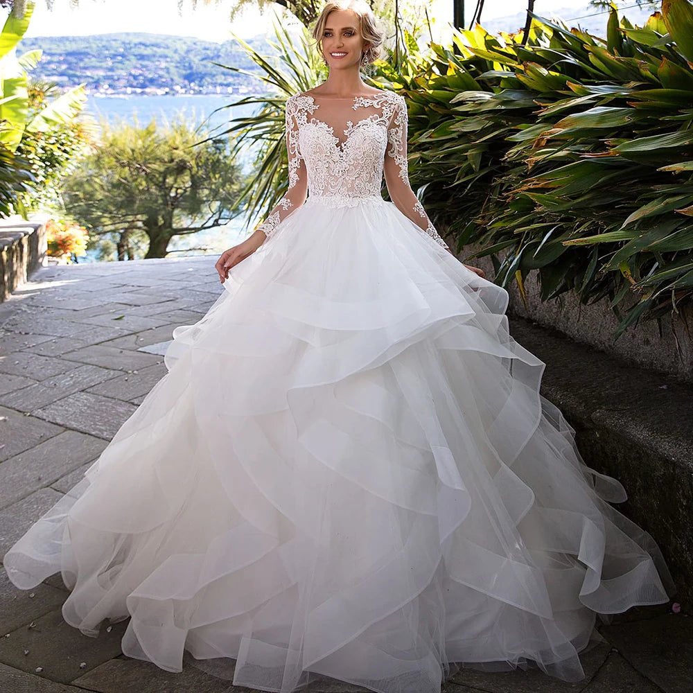 Bride Gown For Woman Illusion A-Line Bow Sashes Bridal Gowns O-Neck Satin Appliques Half Sleeves Wedding Dresses Robe De Mariée