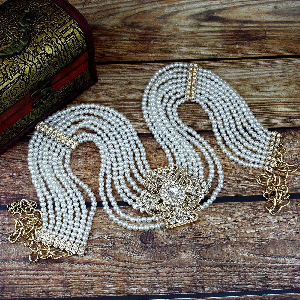 Sunspicems New Women Beaded Waist Belt Chain Pearl Caftan Belt Gold Color Flower Buckle Adjustable Length Wedding Dress Jewelry
