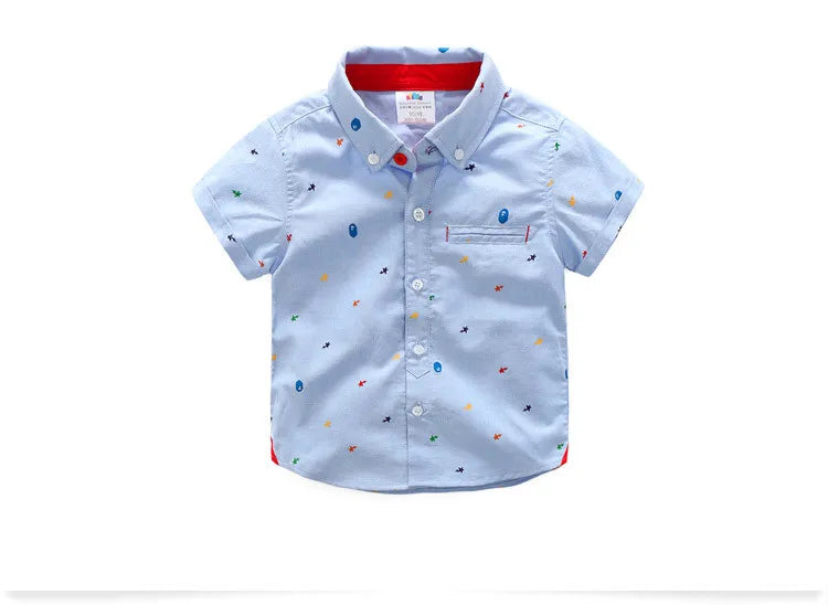 2024 England Style 2 3 4 5 6 8 10 Years Baby Summer Clothes Cotton Clothing Pocket Cartoon Print Short Sleeve Shirt For Kids Boy