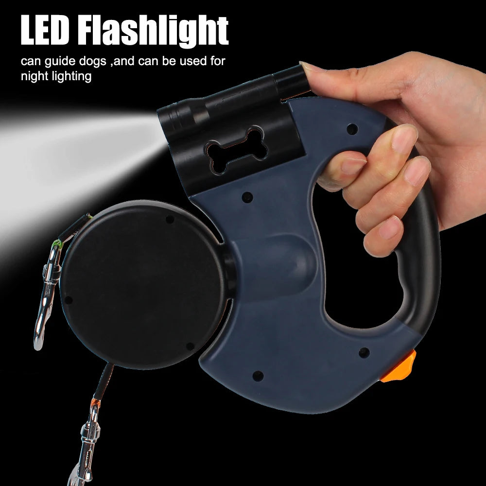 Roulette Dogs Strap With Flashlight Waste Bag Box Dual Dog Leash Auto Retractable 3m Double-Ended Traction Rope