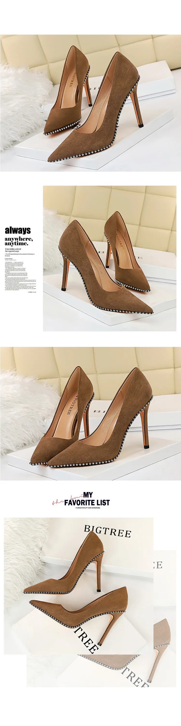 BIGTREE Shoes Black Heels Metal Beads Woman Pumps Suede High Heels Stiletto Wedding Shoes Women Heels Female Plus Size 41 42 43
