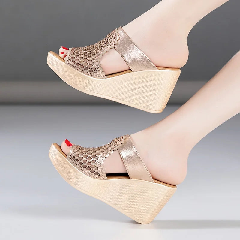 YAERNI High Heel Sandals For Women Summer Peep Toe Lace Mesh Wedge Heels Sandal Women Shoes