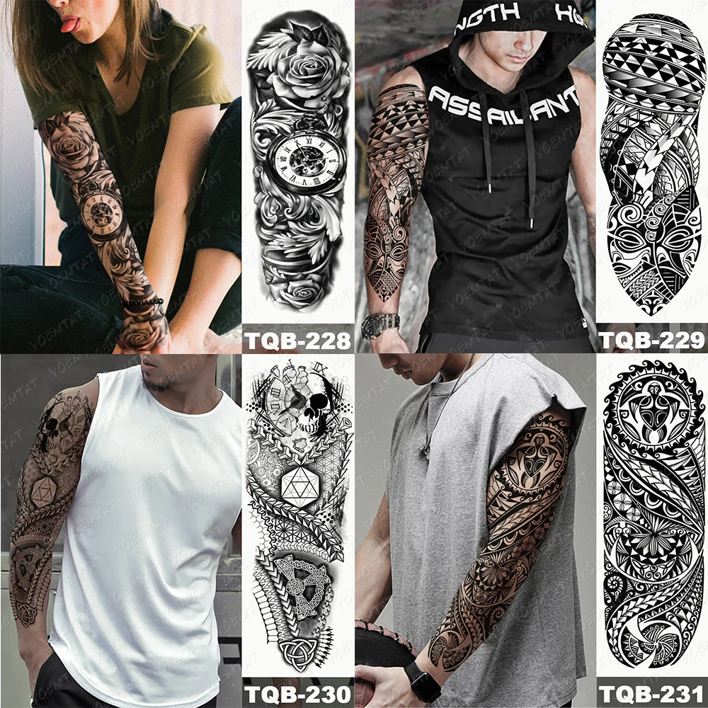 Large Arm Sleeve Tattoo Black Maori Totem Waterproof Temporary Tatto Sticker Tribal Flame Body Art Full Fake Tatoo Women Men