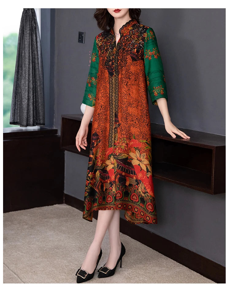 2024 Boho Vintage Print Natural Silk Midi Dresses Summer Loose Casual Dress Elegant Women Bodycon Party Vestidos