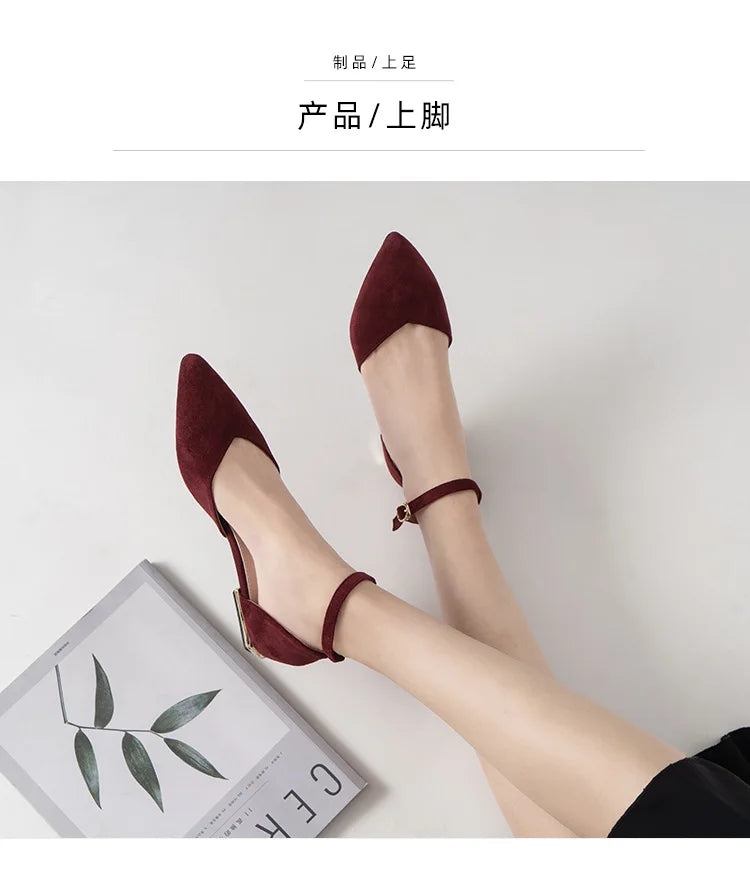 D'orsay suede cover metal low heels office sandals women pointed toe buckle sandalias elegant closed toe summer work shoes women