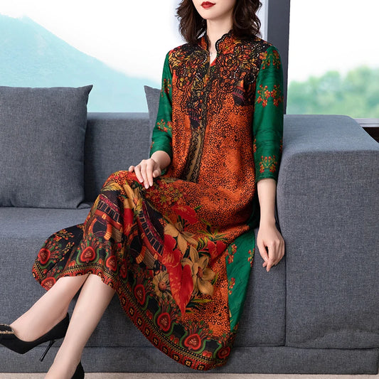 2024 Boho Vintage Print Natural Silk Midi Dresses Summer Loose Casual Dress Elegant Women Bodycon Party Vestidos