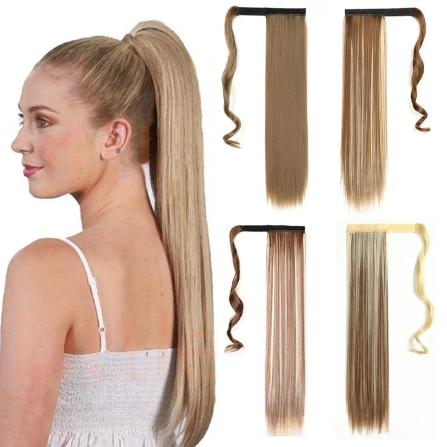 Synthetic Ponytail Long Straight Wrap Around Ponytail Hair Extension Heat-Reistant Fiber Pony Tail Fake Hairpieces For Women