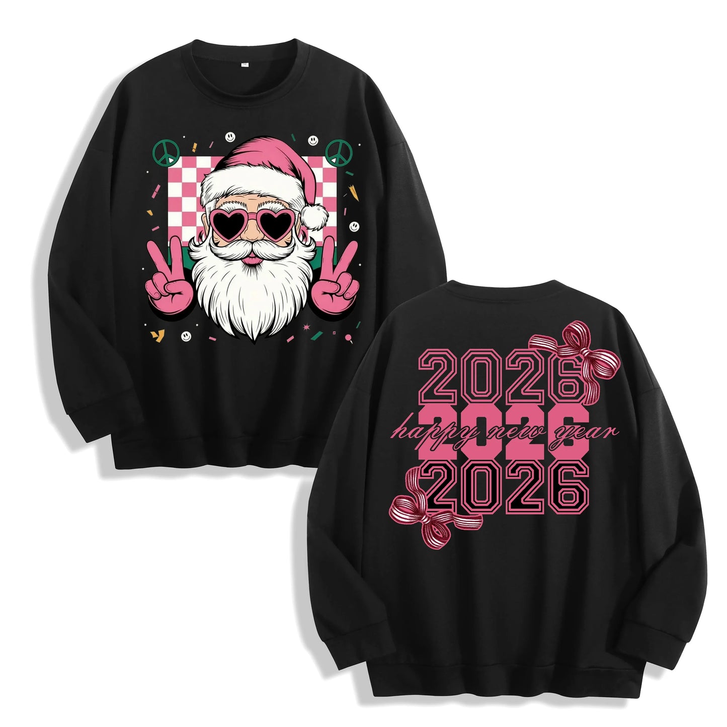 Retro Funky Pink Santa 2026 New Year Graphic Long Sleeve, US Warehouse, Customizable Design