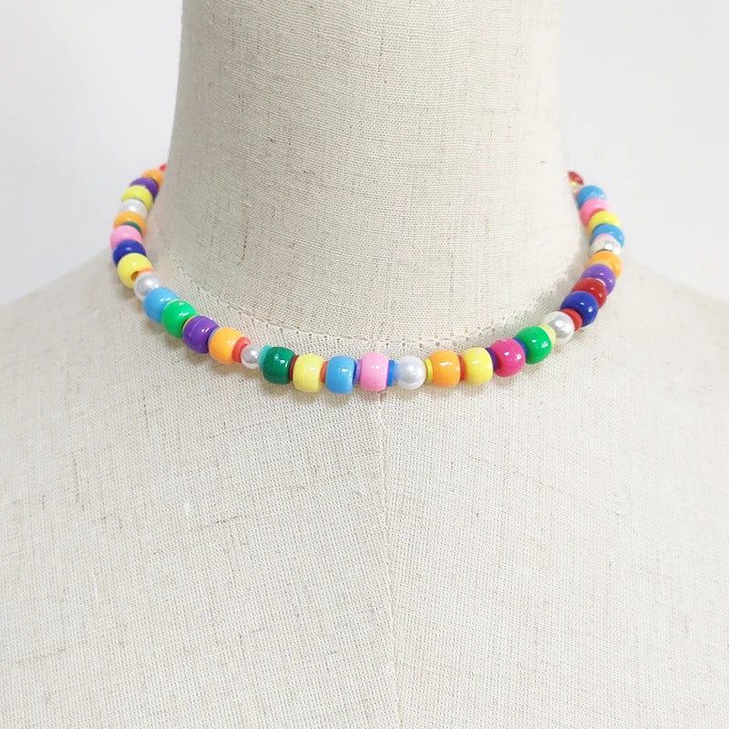 Fashion Rainbow Beads Choker Bohemian Handmade Imitation Pearls Necklace Women Charming Accessories 2022 New Trendy Jewelry