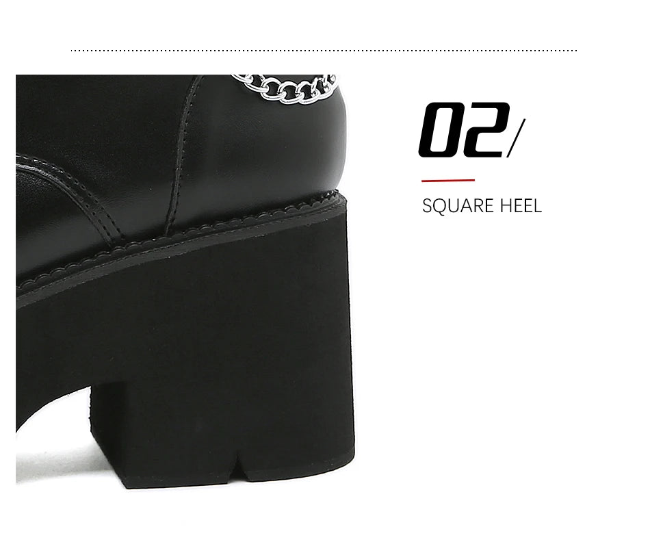 Gdgydh Modern Boots Woman Shoes Gothic Metal Decoration Black Boots Women Heels Sexy Chain Chunky Heel Platform Footwear Zipper