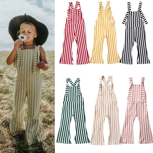 2025 New Toddler Kids Baby Girls Clothes Sleeveless Stripe Romper Jumpsuit Flare Long Pants Overalls Summer Fall Kids Clothing