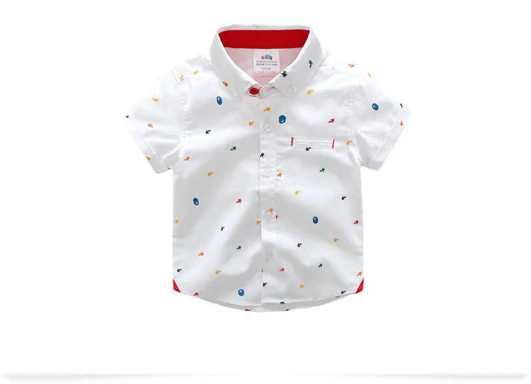 2024 England Style 2 3 4 5 6 8 10 Years Baby Summer Clothes Cotton Clothing Pocket Cartoon Print Short Sleeve Shirt For Kids Boy