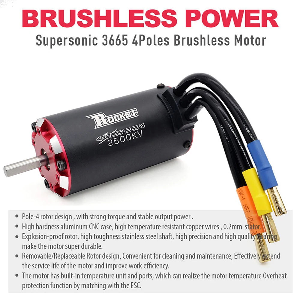 Rocket Motor 3674 Brushless Motor 2500KV 2150KV 2000KV 1650KV 1400KV w/Temp Sensor for 1/8 1/10 RC Car